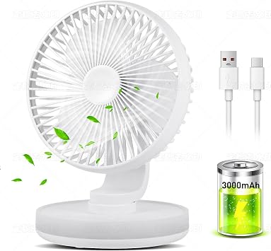 مروحة مكتب صغيرة مع ضوء الليل، مروحة طاولة تتأرجح السيارات مع بطارية قابلة للشحن 3000 mAh، مروحة USB الشخصية مع 4 سرعات الرياح، مروحة قابلة للتعديل للمنزل، غرفة نوم مكتب، التخييم الأبيض