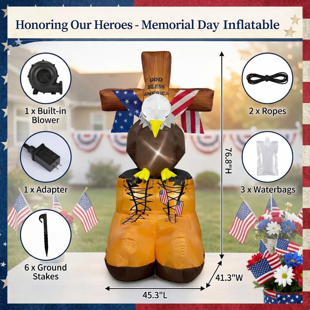 6FT Memorial Day Inflatables Eagle with Boots and Flag Cross Patriotic Blow Up Decorations LED Lighted Outdoor Memorial Day Decor for 4th of American Patriotic Independence Day Decor