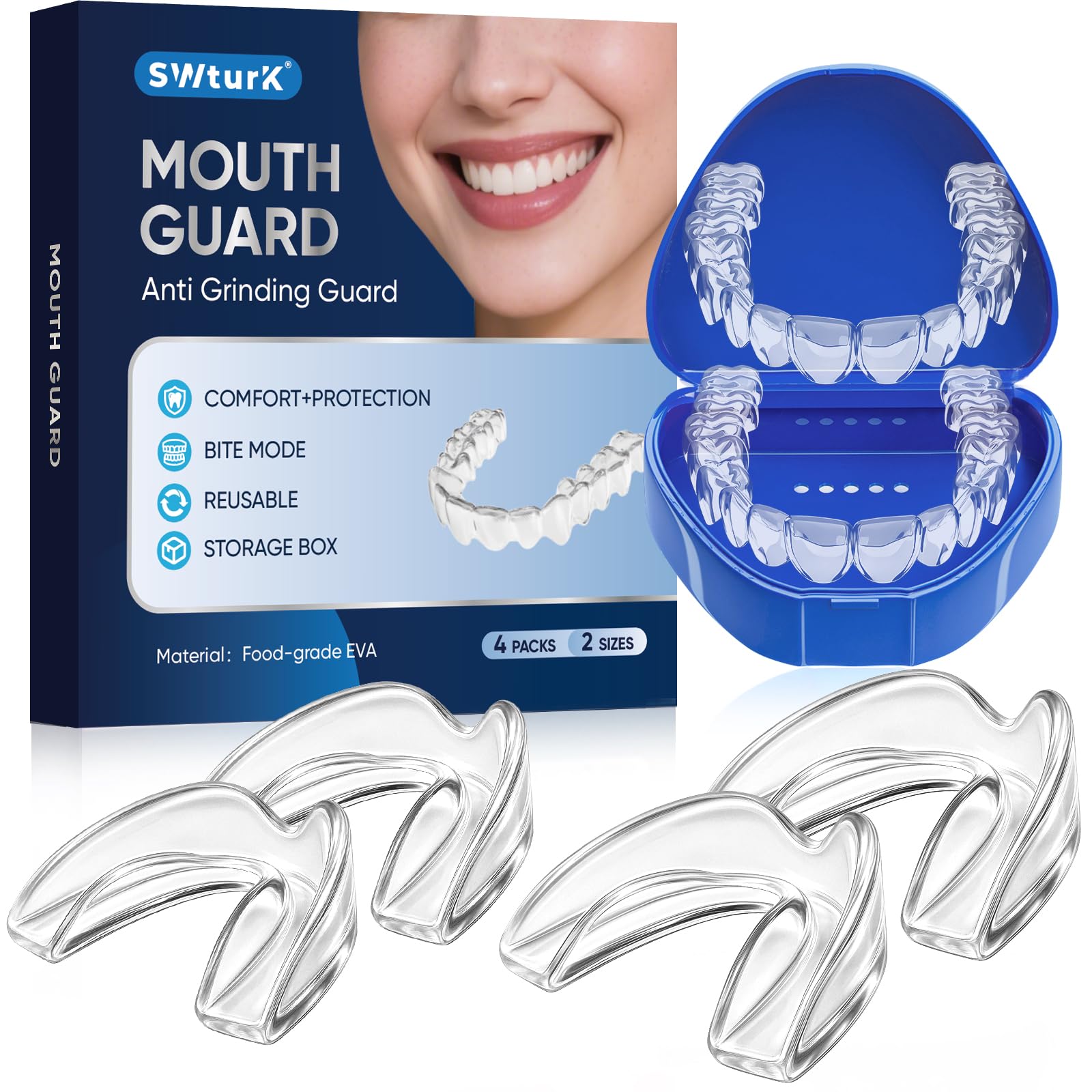 Anti Grinding Guard, Mouth Guard for Clenching Teeth at Night, Mouth Guard for Sleeping, Comfortable & Reusable Adult Night Guards for Teeth Grinding, Includes 4pcs & 1 Travel Case 1.8*2.2in+2*2.6in 4.0