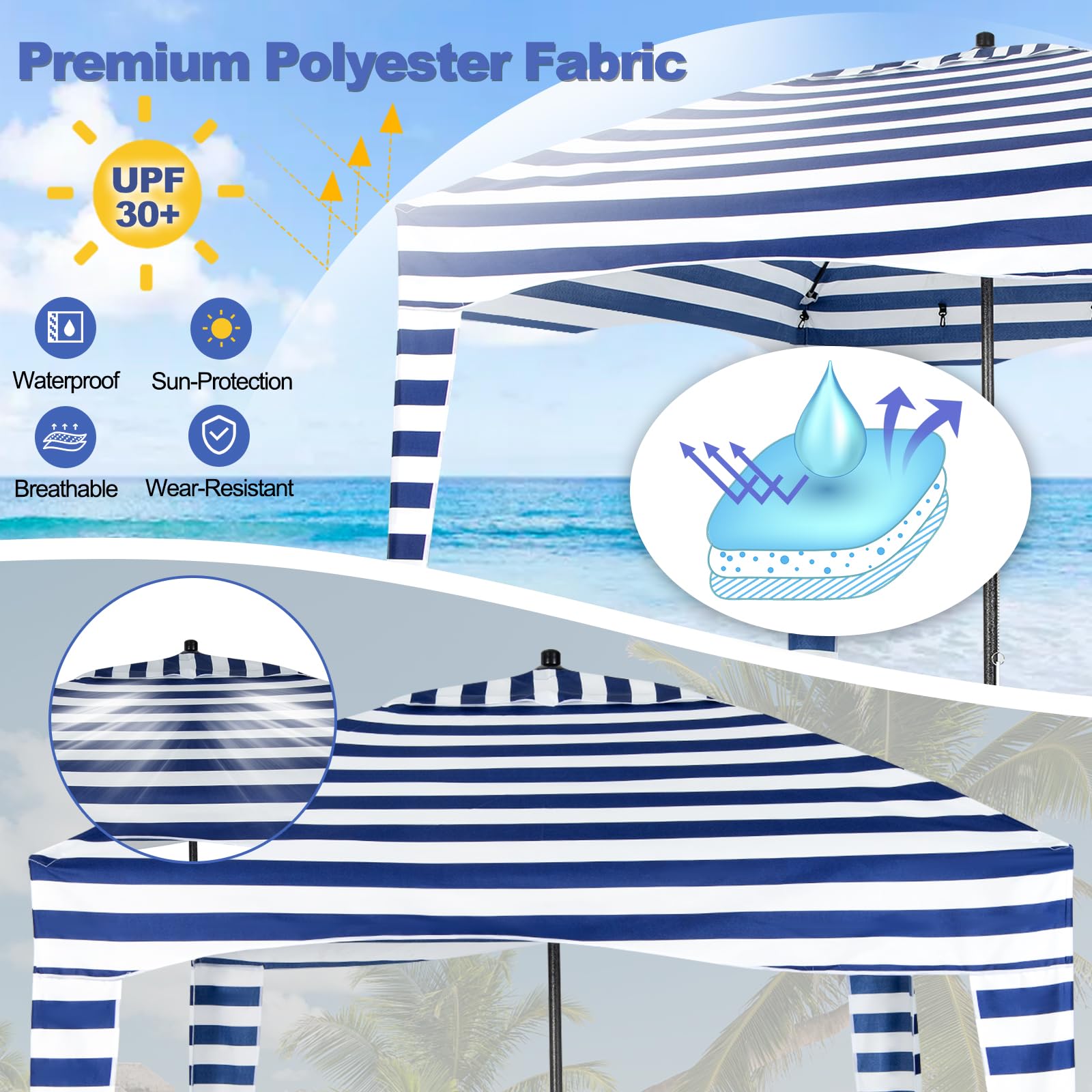 HOMASIS Tenda da Spiaggia Portatile 1,8 x 1,8 m, Parasole Spiaggia con Protezione Solare Regolabile in Altezza, Gazebo con Parete Laterale Rimovibile, Tenda con Borsa per il Trasporto (Blu)