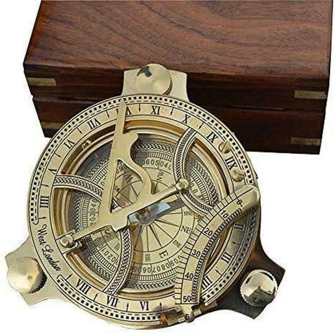 Marina Cadran solaire boussole avec boîte en bois Décoration antique Cadeau maritime