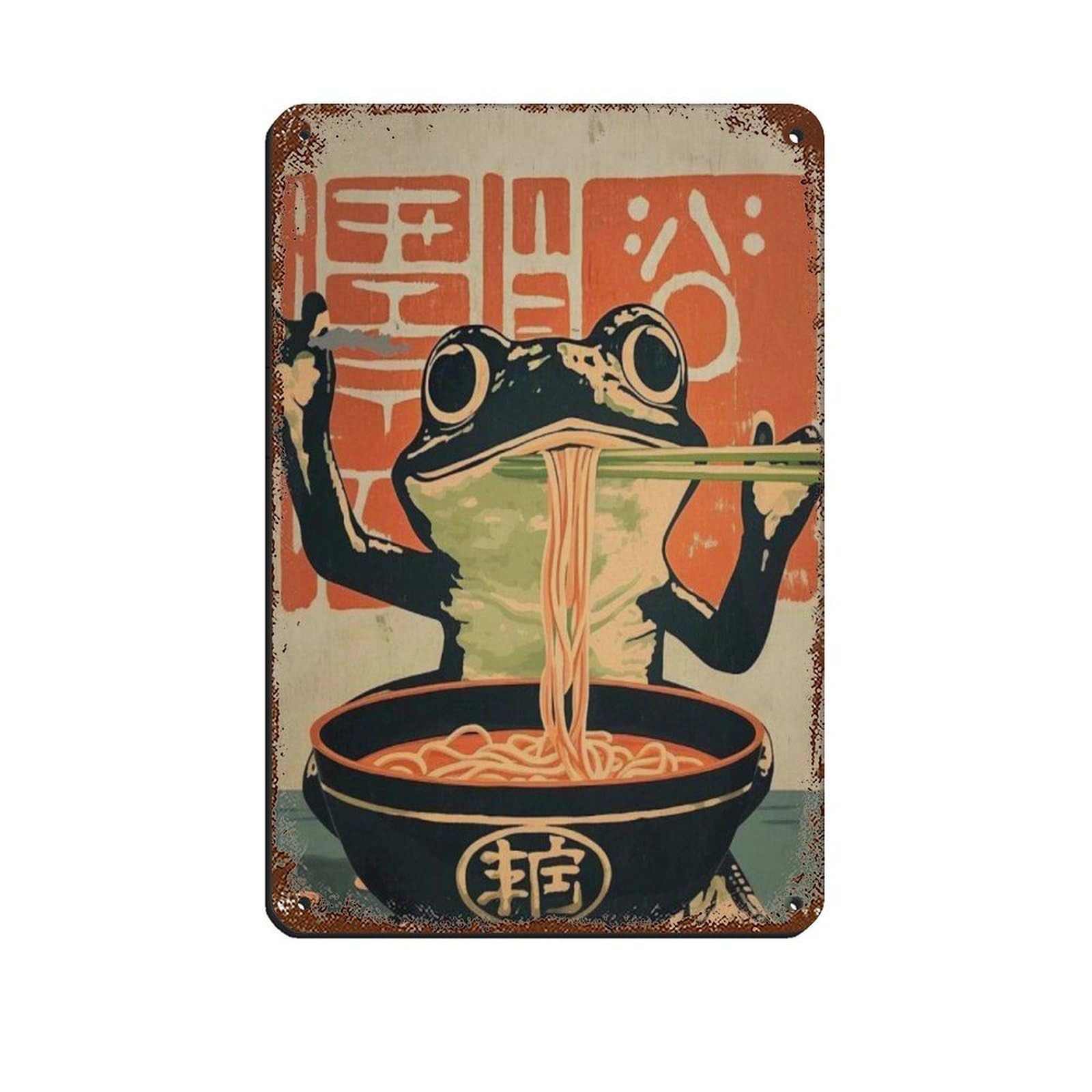 Frog Eating Ramen Poster, Tin Sign Vintage Metal Pub Club Cafe Bar Home Wall Art Decoration Poster Retro 8x12inch(20x30cm)