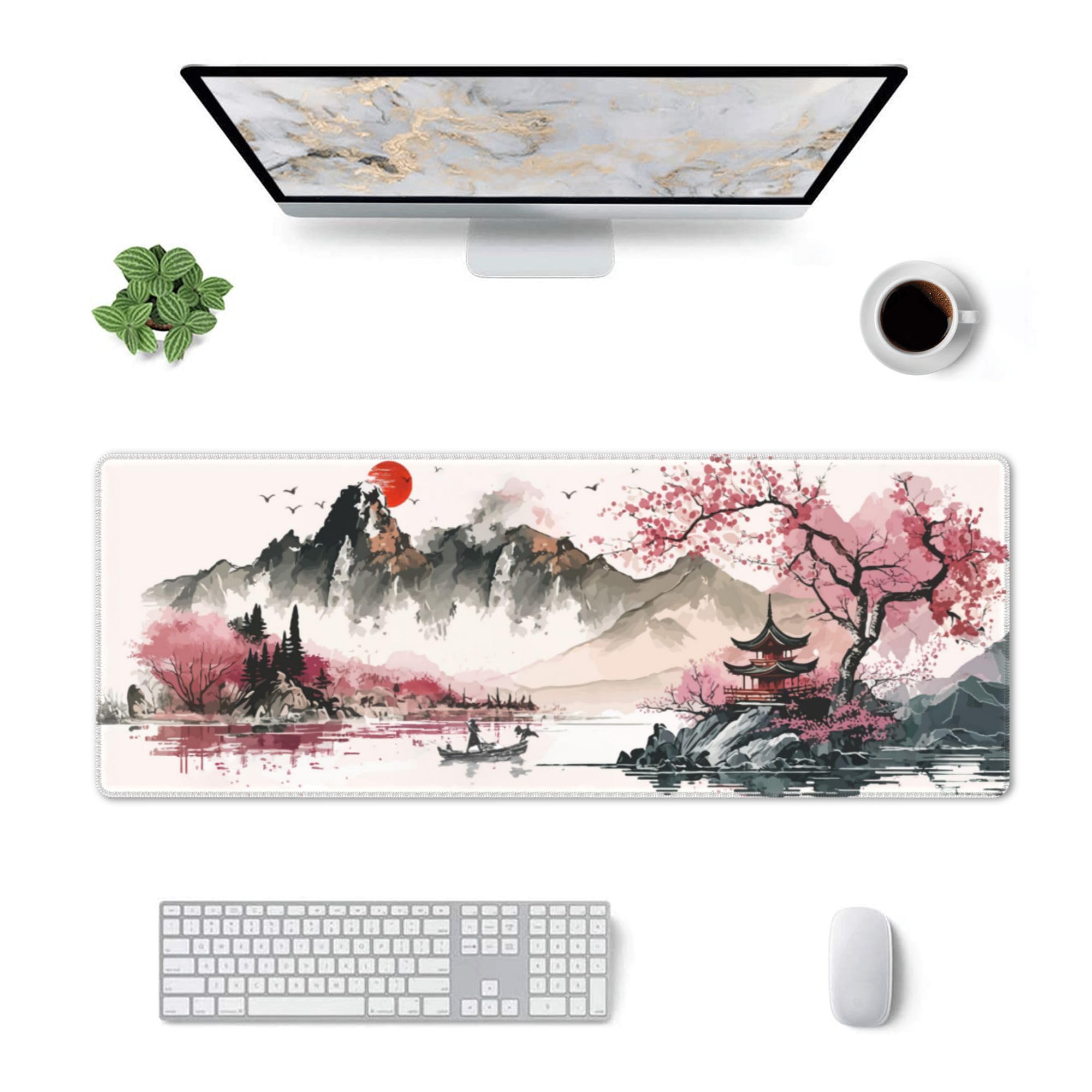Cherry Blossom Gaming Mouse Pad - 12x31.5in Large Extended Desk Mat With Watercolor Design