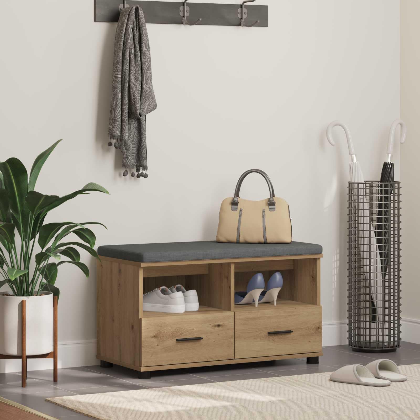 Banc d'entrée en chêne artisanal au design moderne avec piétement robuste en métal noir réglable