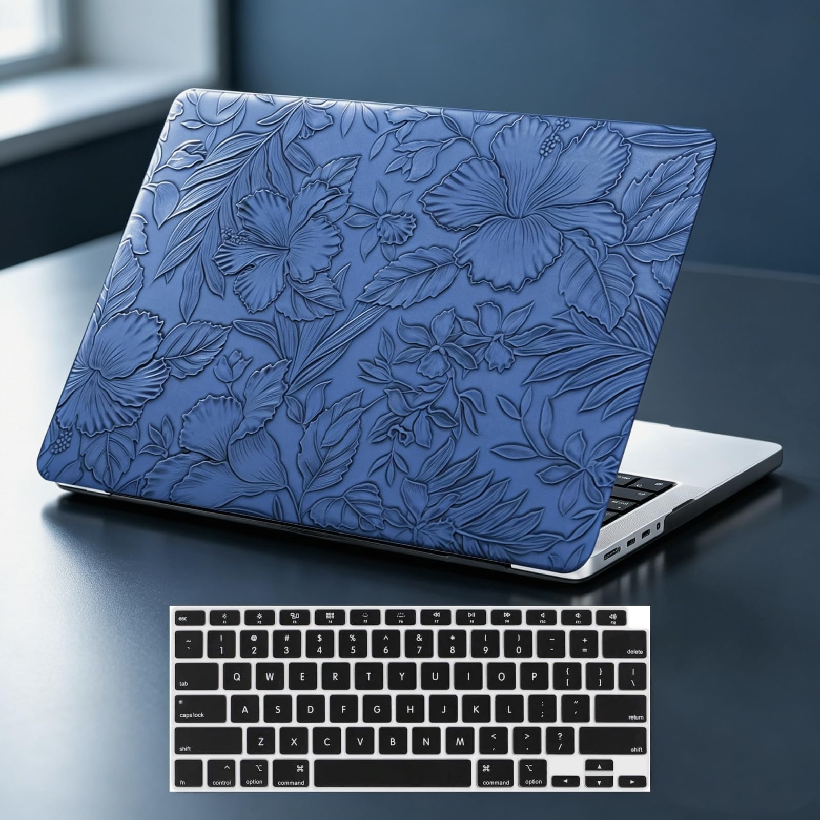 Étui découpé avec logo floral pour MacBook Neo 33 cm 2026 A3404 A18 Pro Chip | Coque rigide élégante texturée en cuir synthétique pour MacBook Neo 2026 avec housse de clavier, bleu