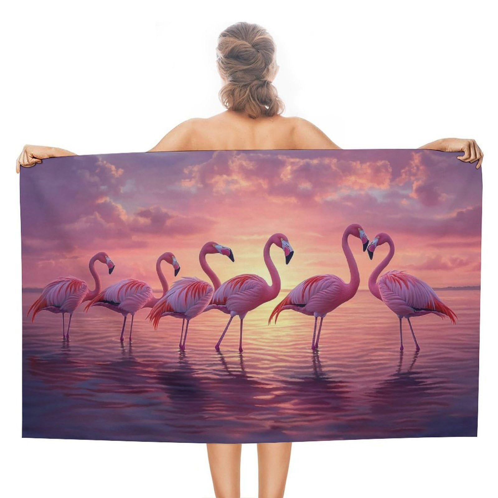 LSRCPD Flamingos Standing in Water at Sunset Beach Towel Sand Free Microfiber Large Shower Towels Multipurpose Absorbent for Bathroom Pool 130x80 CM