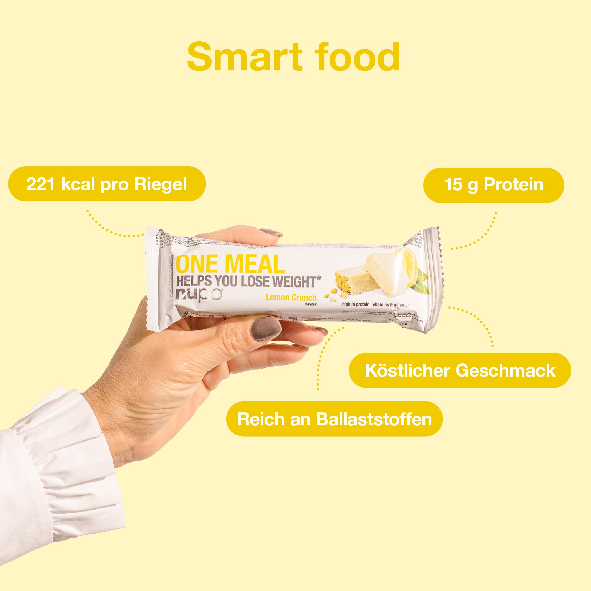 NUPO One Meal Bar - Lemon Crunch (15 x 60g) I Leckerer High Protein Riegel zum Abnehmen | Mahlzeitenersatz Protein Bar Low Sugar I Kalorienarme Snacks mit Nährstoffen Vitaminen und Mineralien