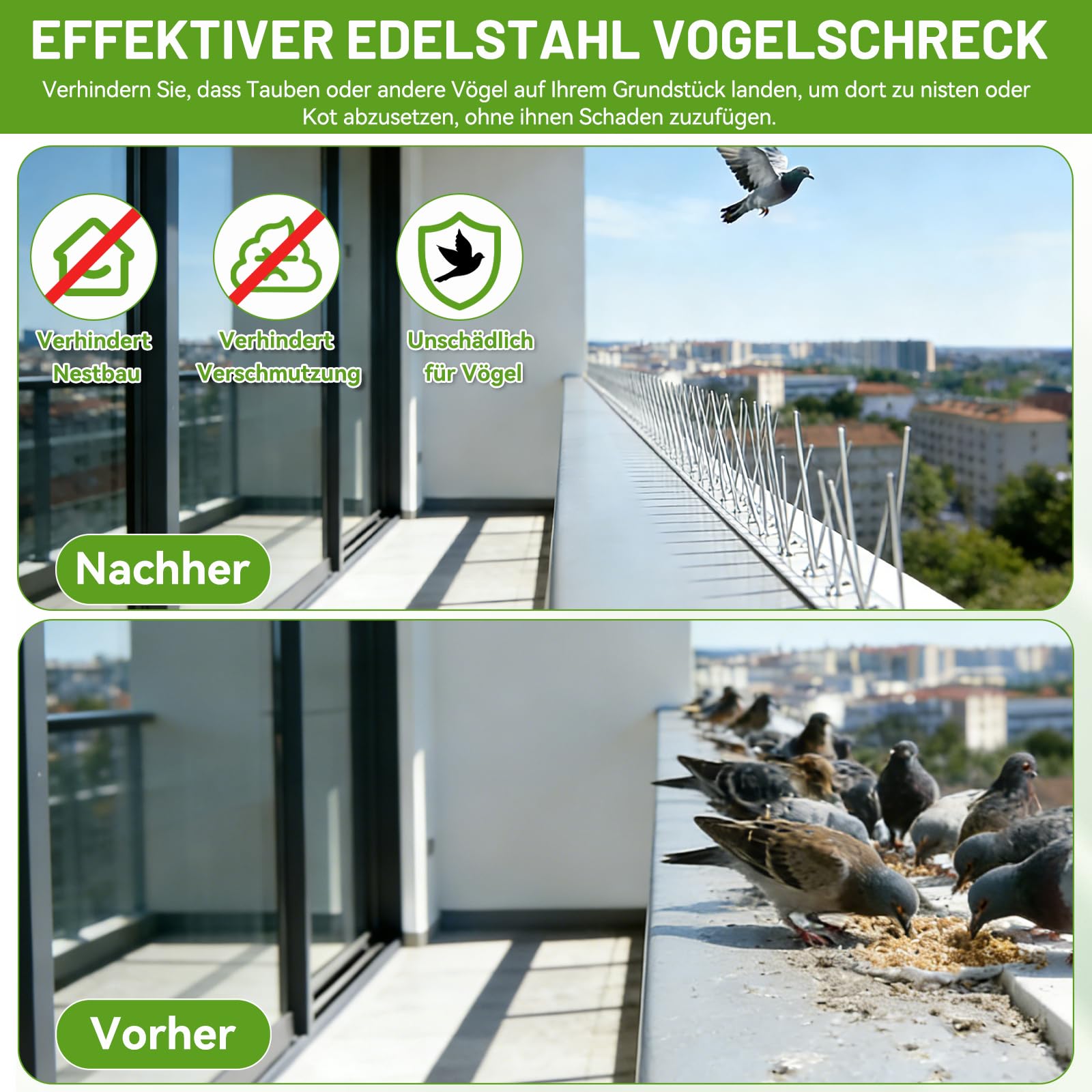 Warmfay Taubenabwehr Spikes 10m, Taubenschreck aus 304 Edelstahl Rostfrei & Wetterbeständig, Effektiver Vogelschutz für Balkon, Dach, Fensterbank& Garten, Vogelabwehr Spikes inkl. Montage Zubehör