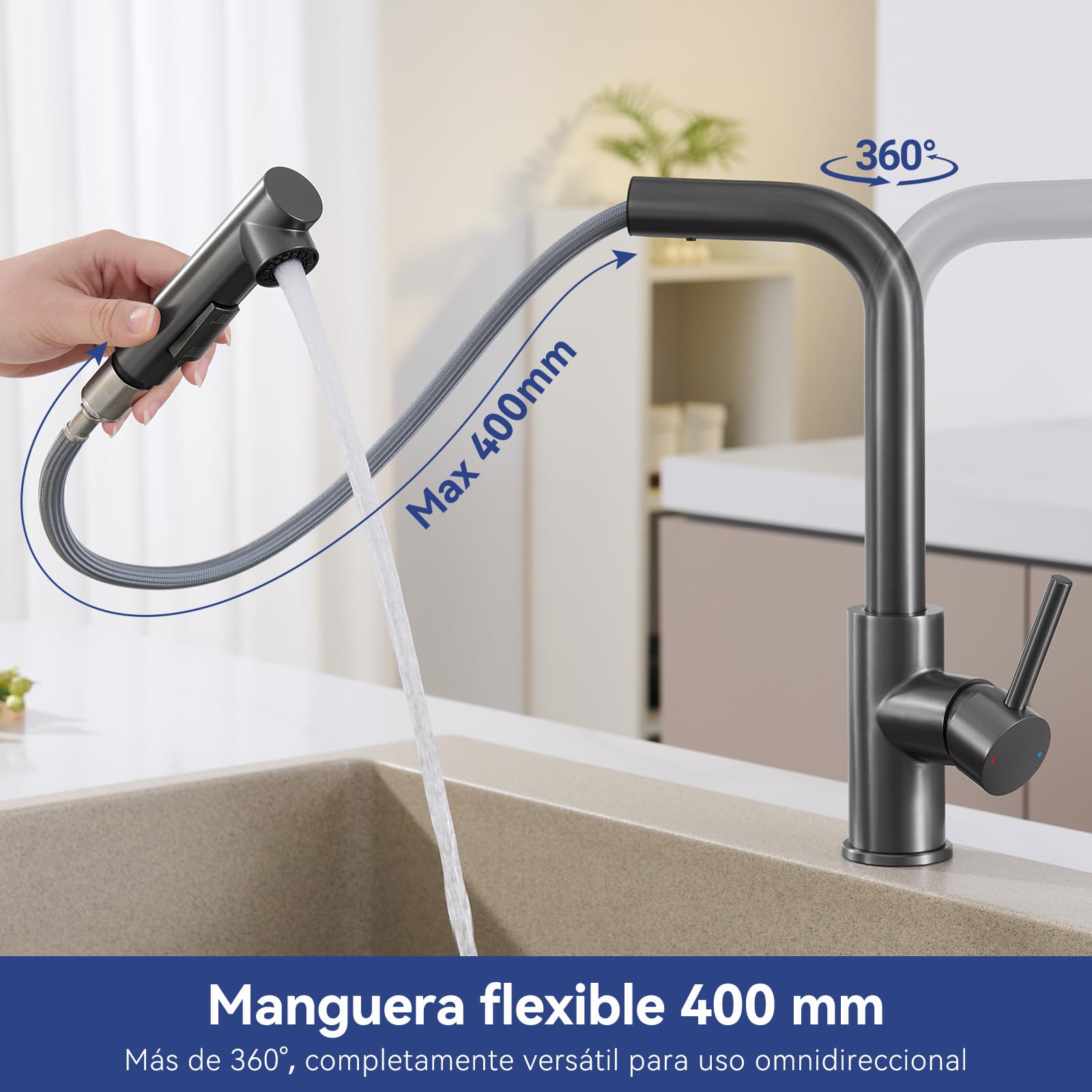 Robinet de cuisine noir anthracite - Robinet de cuisine extensible haute pression - Mitigeur de cuisine avec douchette - Deux types de jet d'eau - Robinet d'évier en acier inoxydable