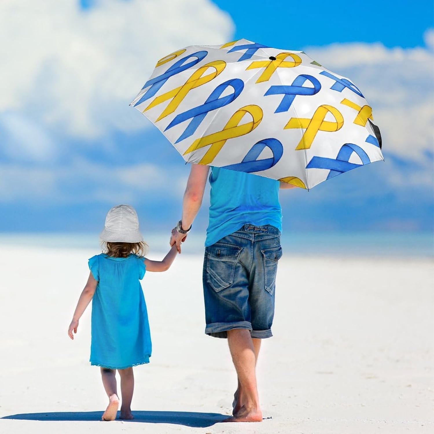 Yellow And Blue Awareness Ribbons Travel Umbrella Windproof Folding Umbrella