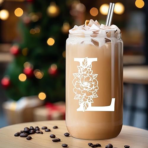 Miniatura 49 de Coolife Vaso de vidrio con inicial, regalos con monograma para mujer, tazas de vidrio de 16 onzas con tapas y pajitas, vaso de cerveza para batido