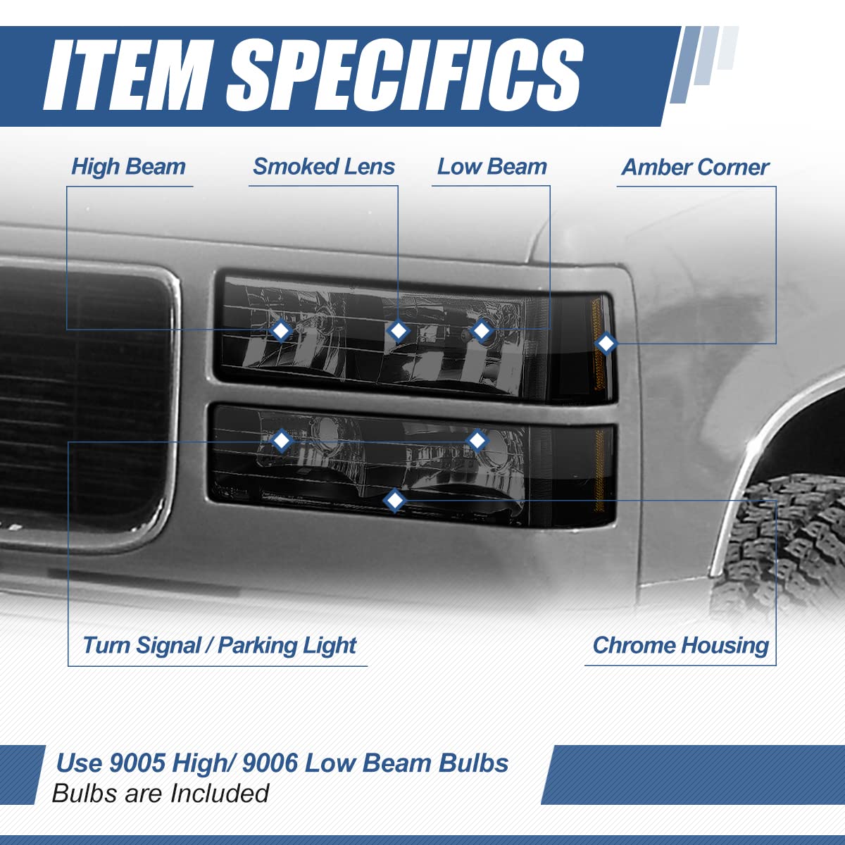 Auto Dynasty Headlights Assembly Compatible with 1994-2000 GMC C10 C/K 1500 2500 3500 Yukon, 8Pcs Driver and Passenger Side Halogen Headlamps Replacement w/Bumper Lamps, Smoked Lens Amber Corner