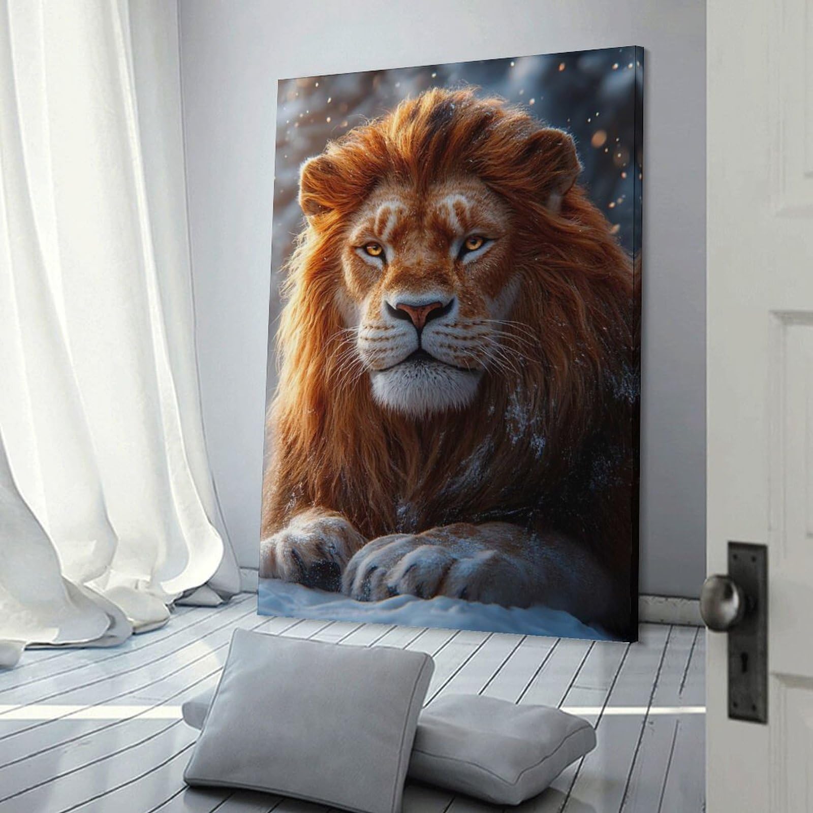 Junmoney Majestic Lion in Winter Canvas Wall Picture, 08x12inch(20x30cm), for Wall Displays, Bedrooms Or Room Updates, Wall Decor Suited to Curated Displays