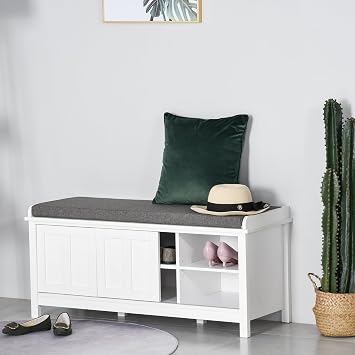 44 Entryway Shoe Bench Storage Ottoman with Sliding Doors, Adjustable Shelving, 6 Compartments,Modern Style Storage Bench with Removable Padded Seat Cushion White