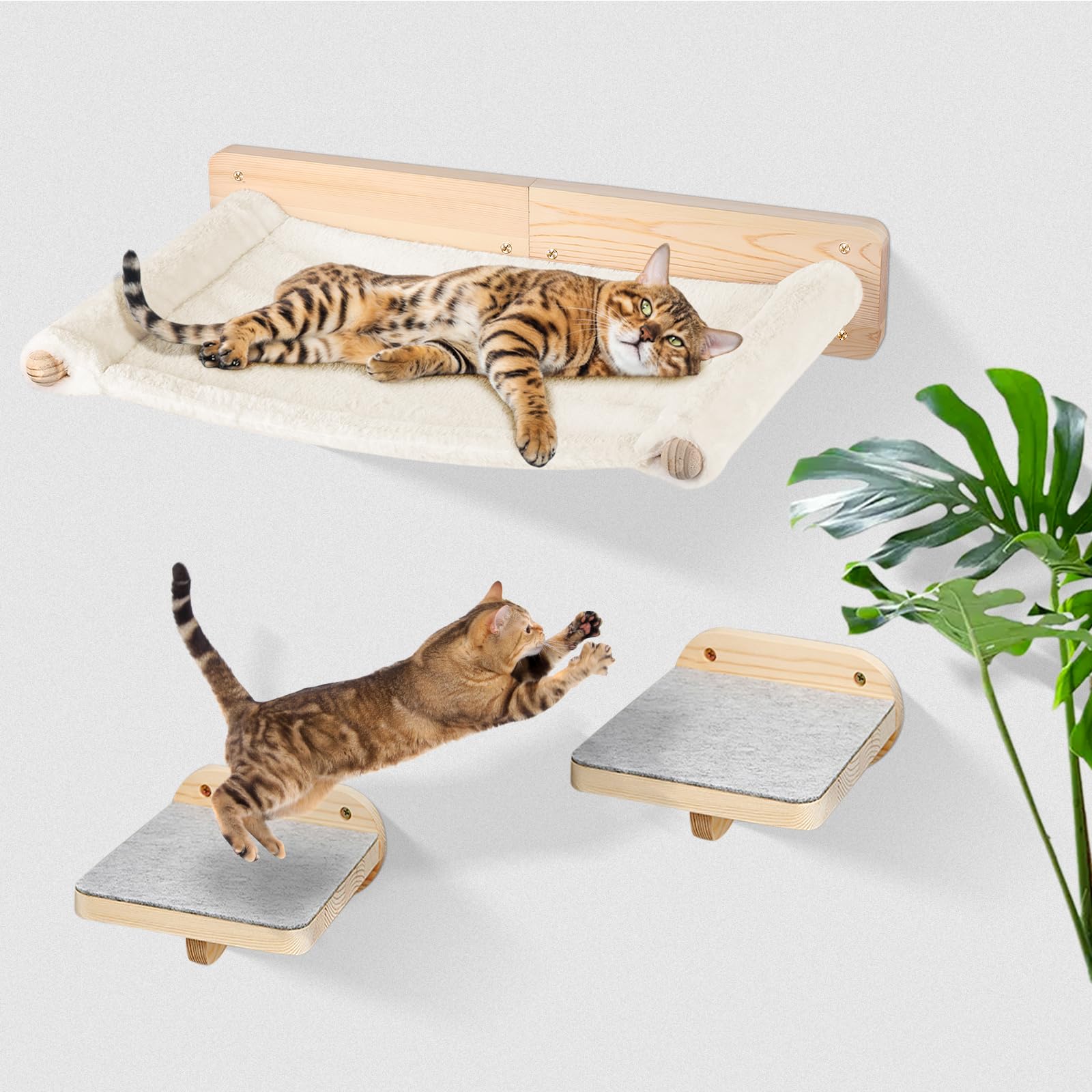 Hamac Chat Etagere Arbre a Chat Mural Mur Escalade et 2 Escalier Parcours Mur d'escalade Lit pour Chaton en Bois Lot de 3 (c)