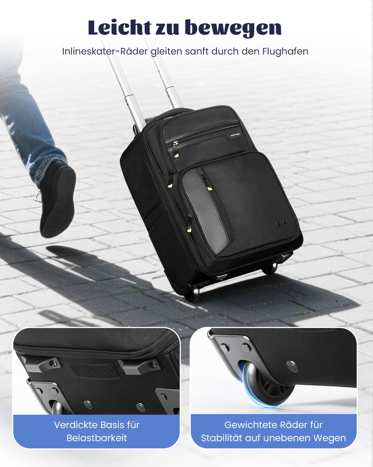 Ponhog Rucksack mit Rollen, Business Rucksack Trolley Handgepäck Flugzeug Reiserucksack Laptop Rücksack mit 15 Zoll Laptopfach Backpack für Uni, Arbeit, Schwarz