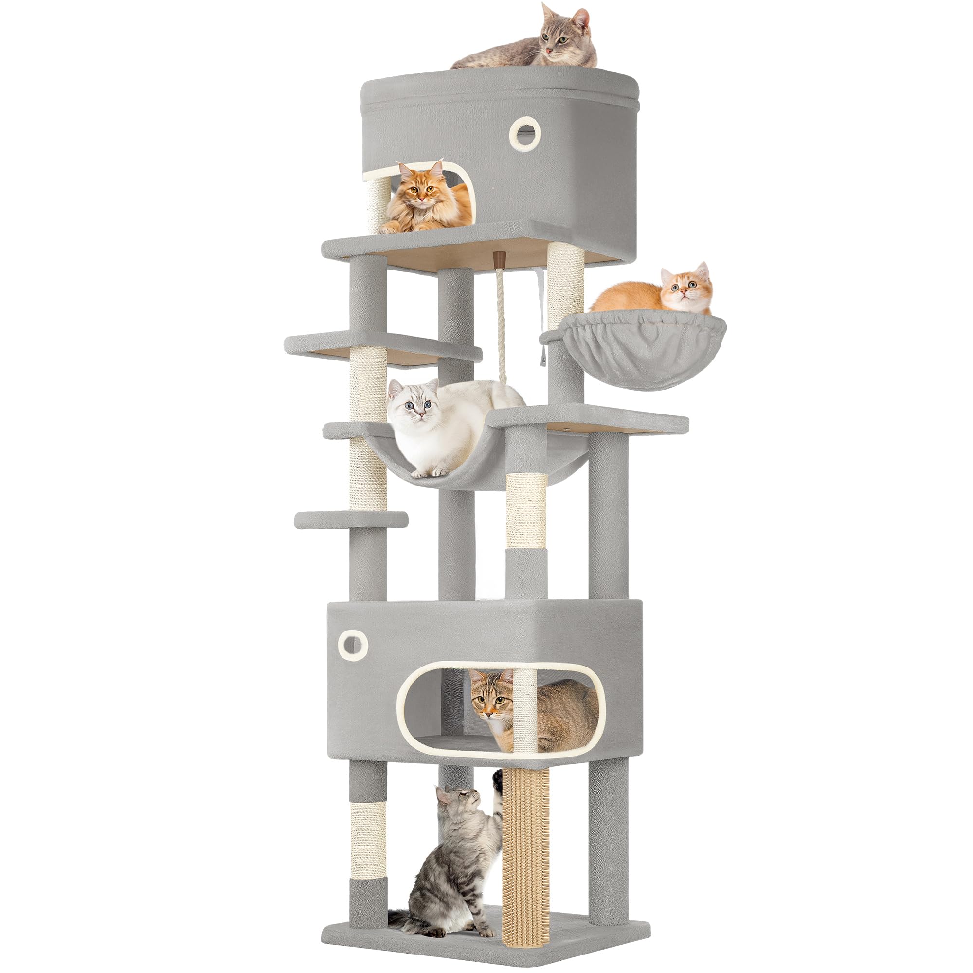 Hzuaneri 203 cm Cat Tree for Indoor Cats, Multi-layer Scratching Post with Large Platform, 2 Caves, 7 Sisal Posts, Pompoms, Cat Basket, Hammock, Suitable for Cats, Light Grey MS20318LG
