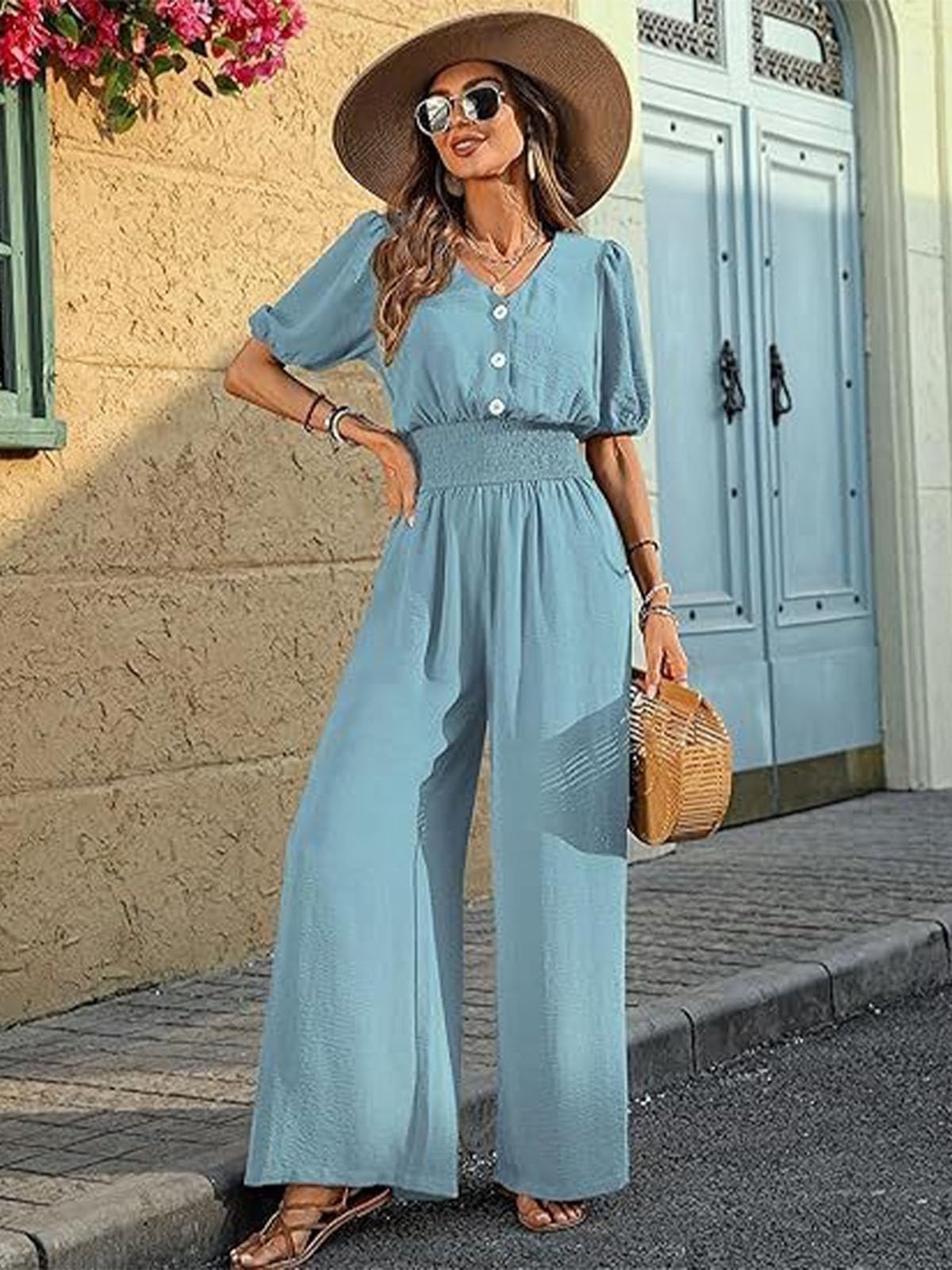 Jumpsuit Damen Sommer Kurzarm V-Ausschnitt Overall Elegant Taillenbetonender Jumpsuit Sommer Caual Playsuit mit Taschen