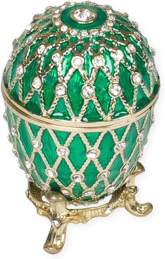Jeweled Faberge-Inspired Egg Box with Stand Green Rhinestone Trinket Box Figurine