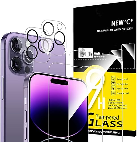 NEW'C Paquete de 4, 2 protectores de pantalla para iPhone 14 Pro Max 6.7 pulgadas + 2 protectores de lente de cámara, protección de sensor, película