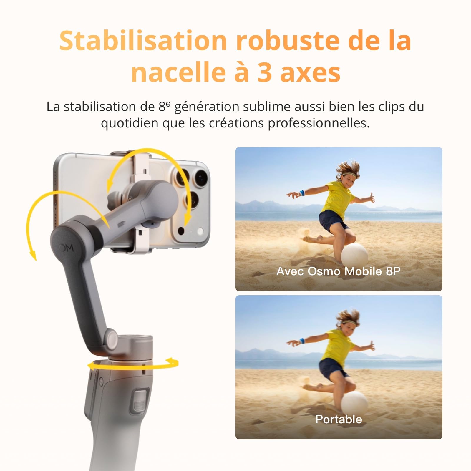 Osmo Mobile 8P, nacelle stabilisatrice pour iPhone et Android, Module de Suivi, radiocommande, Suivi natif, Barre d’Extension et trépied intégrés, Batterie 10 h, stabilisation sur 3 Axes