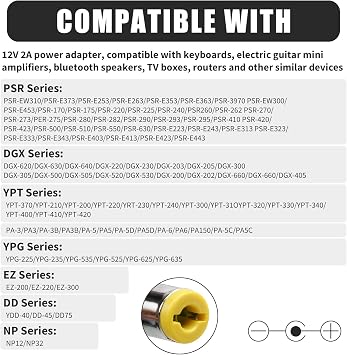 12V 2A Power Adapter for Yamaha Keyboard, Universal AC Supply Charger