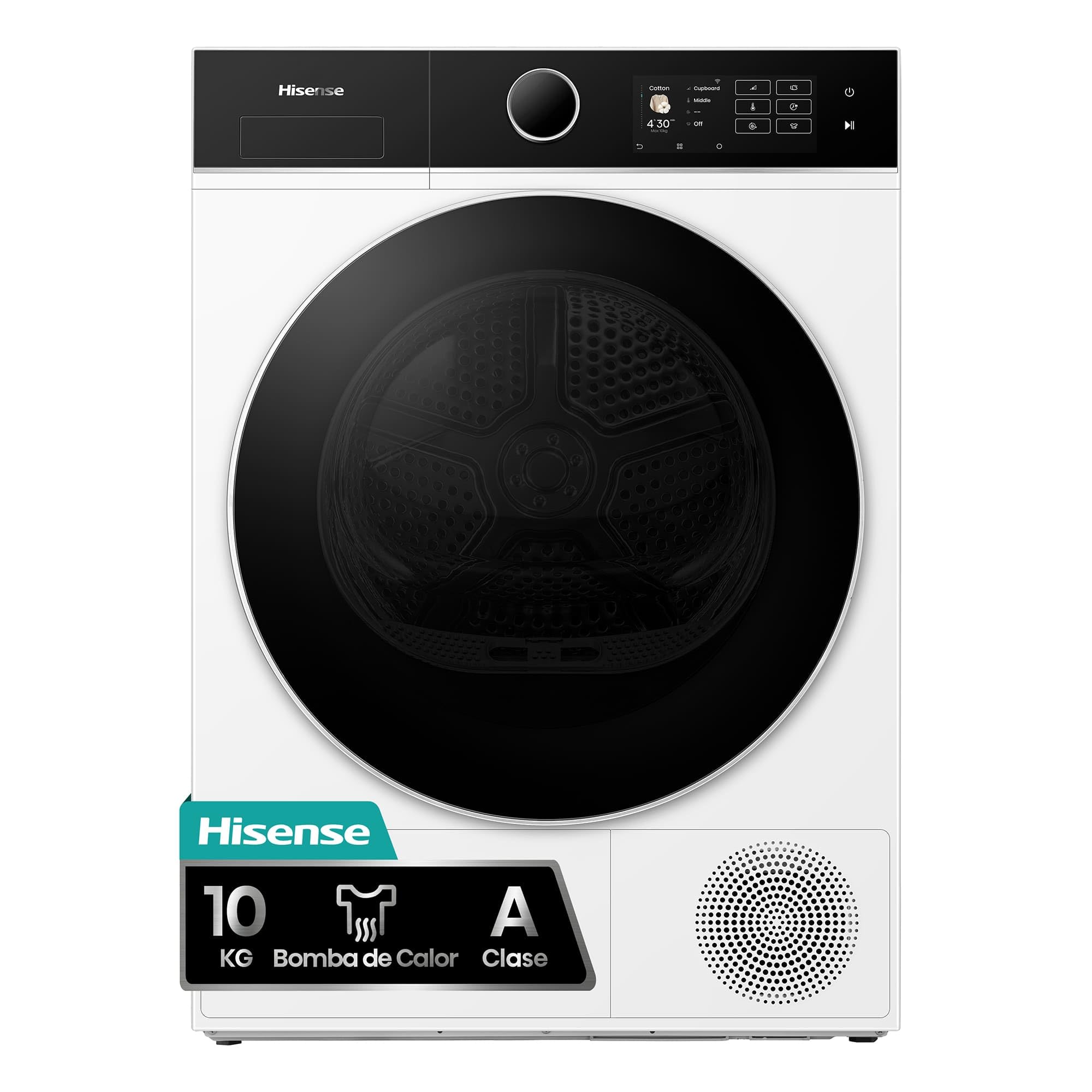 Hisense DH5I104BWAB - Secadora bomba de calor, capacidad 10 Kg, Clase A, iluminación interior, puerta cristal, ancho 59,5cm, alto 84,5cm, fondo 64cm, Blanco Etiqueta Energética