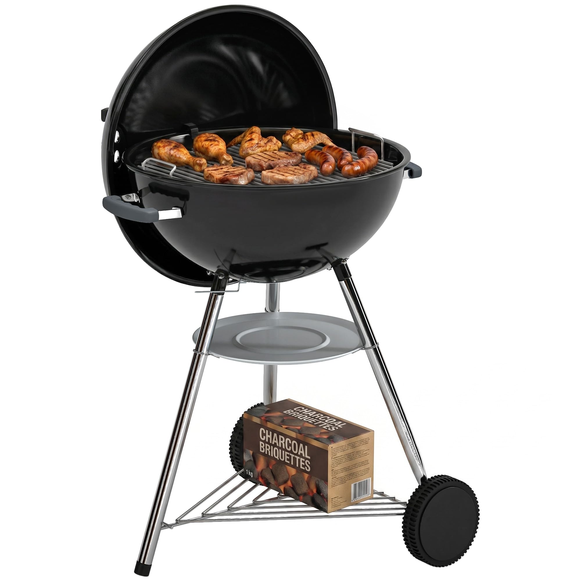 Outsunny Barbecue Carbonella Rotondo Kettle, BBQ Carbonella Portatile con Coperchio, Griglia Ø53.5cm, 2 Scatole Carbone, Ripiano, Termometro, Sfiati Regolabili, Portacenere, Manici, Ruote per Giardino
