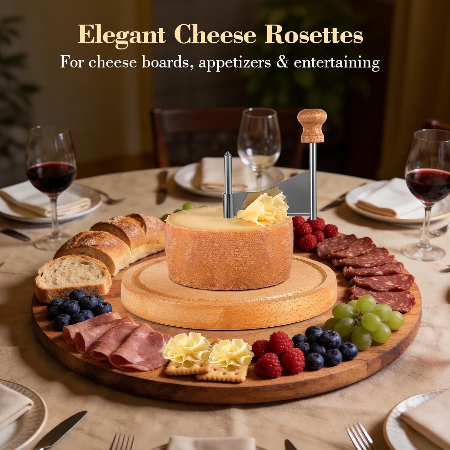 Cheese Curler Wheel, Swiss Style Girolle Cheese Curler with Sharp Stainless Steel Blade & Solid Wood Base, Effortless Cheese Rosettes for Tête de Moine & Chocolate – Perfect for Parties & Wine Nights