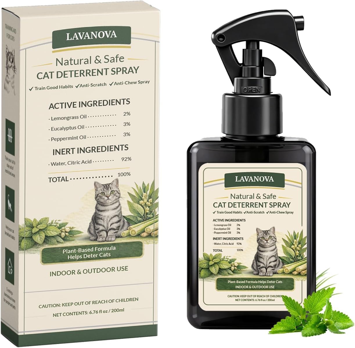 Cat Deterrent Spray, Cat Repellent Indoor & Outdoor, Natural Plant-Based Anti-Scratching Training Spray, Stop Cat Chewing, Urine Marking and Furniture Damaging for Sofa, Carpet, Plants, 6.76 Fl Oz