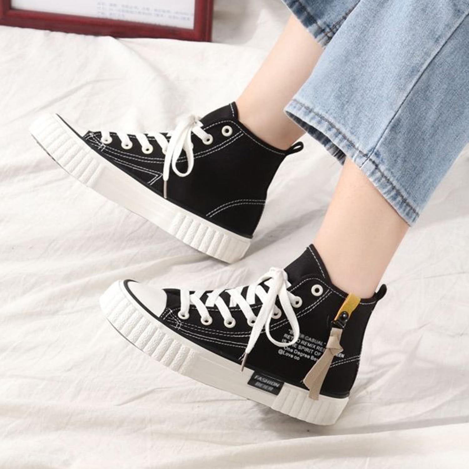 Sneakers Alte in Tela da Donna con Lacci Scarpe da Ginnastica Casual per Primavera e Autunno Scarpe Sportive Piatte Eleganti e Stilose