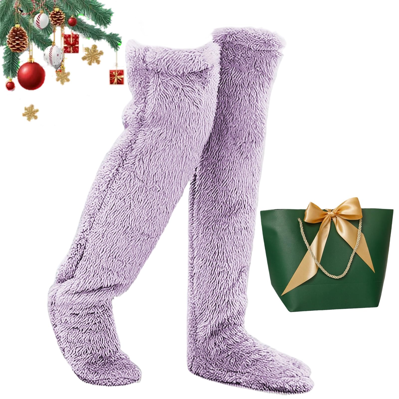 Snrtevu Goose Down Knee Socks for Christmas, Socks Long Fuzzy Thigh High Warm, Plush Knee High Sock for Women, Winter Fuzzy Thermal Home Sleeping Sock (purple)