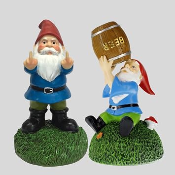 Gnometastic Middle Finger + Drinking Gnomes, 8.5in - Double Bird & Drunk Gnome Funny Gnomes Garden Statue Decorations for Yard, Lawn Outdoor