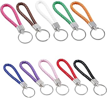 Braided Leather Keychain, Metal Key Ring, 10 Pieces Hand Knit Keychain Strap, Durable Keyring for Home, Office, Car Keys, Bags, and Wallets