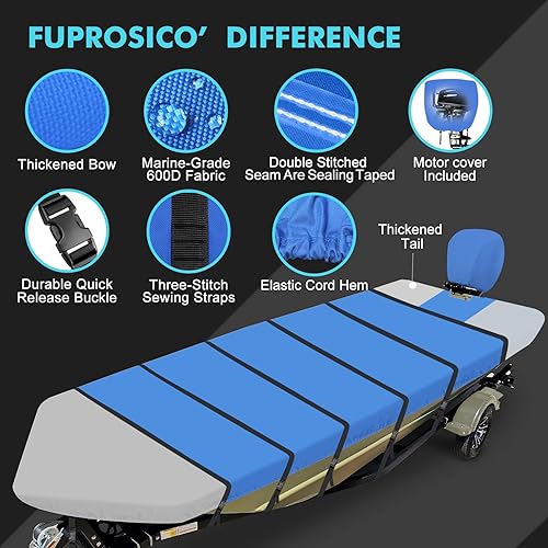 Miniatura 7 de Jon - Funda para barco de 12 pies, 600D resistente al agua, remolcable con cubierta de motor, lona de grado marino, color azul