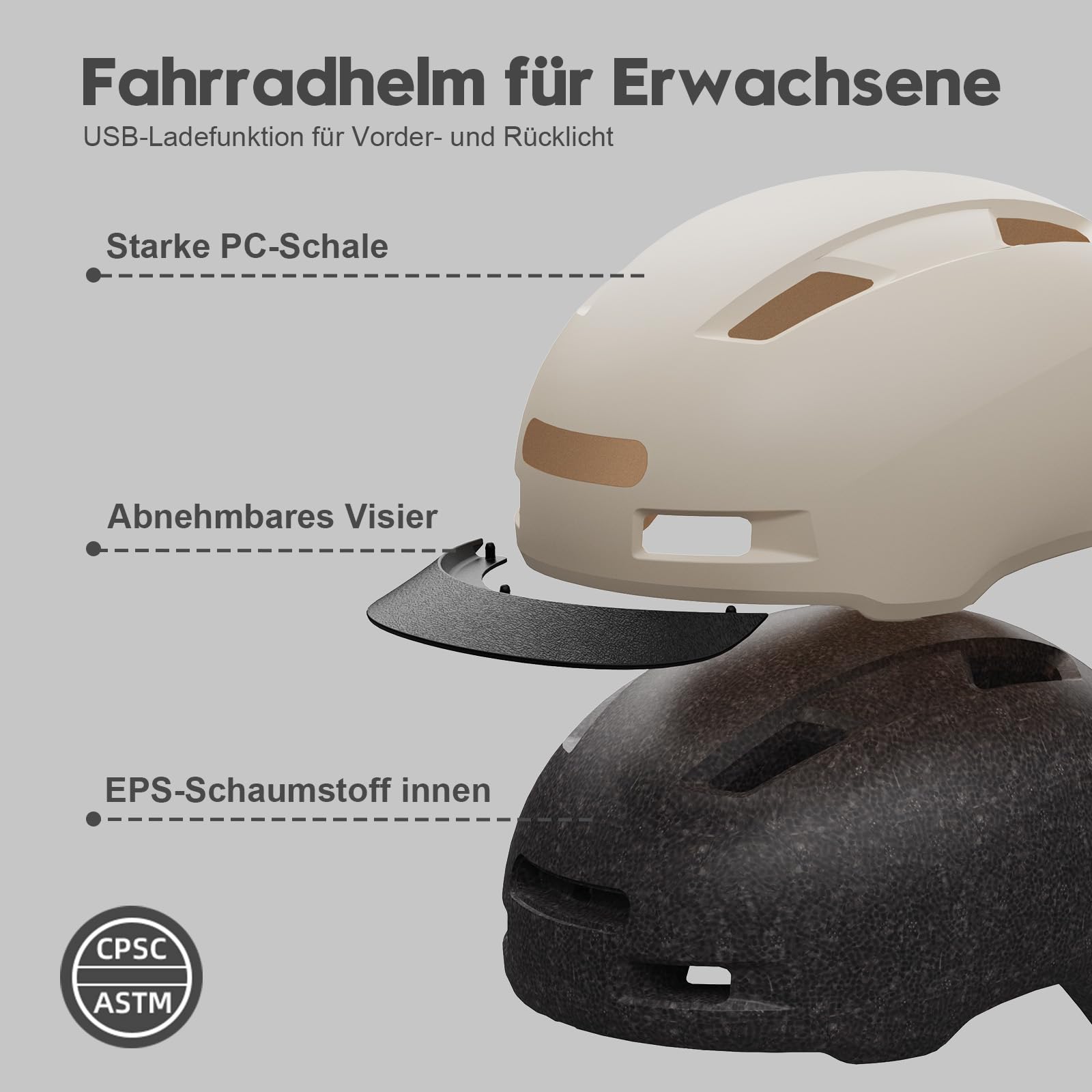 Shinmax Fahrradhelm Herren Damen, Helm Fahrrad mit USB Licht 5 Modi Fahrradhelm mit Visier, Mountainbike Helm Rennradhelm Erwachsen für Scooter Urban Pendler