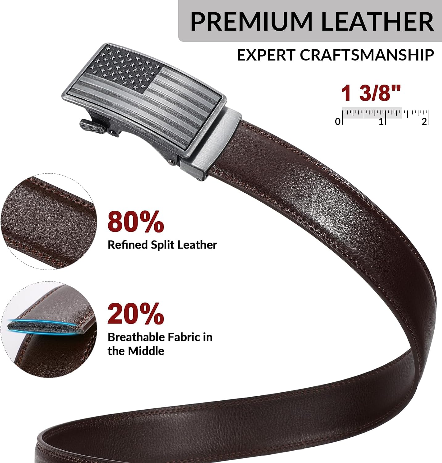 SANSTHS Mens Ratchet Belts Leather 1 3/8" for Men Dress and Casual, Adjustable Click Belts with American Flag Buckles
