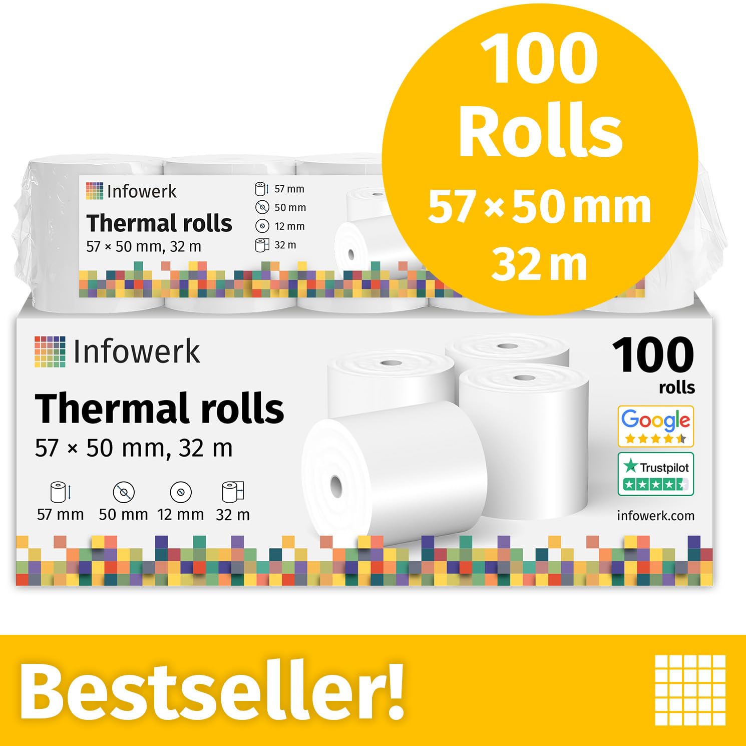 Nowość: Infowerk rolki termiczne/rolki kasowe, 100 rolek, 57 mm x 50 mm x 12 mm, 32 m, certyfikat PEFC, certyfikat środowiskowy, do EPSON, IBM i wielu innych.
