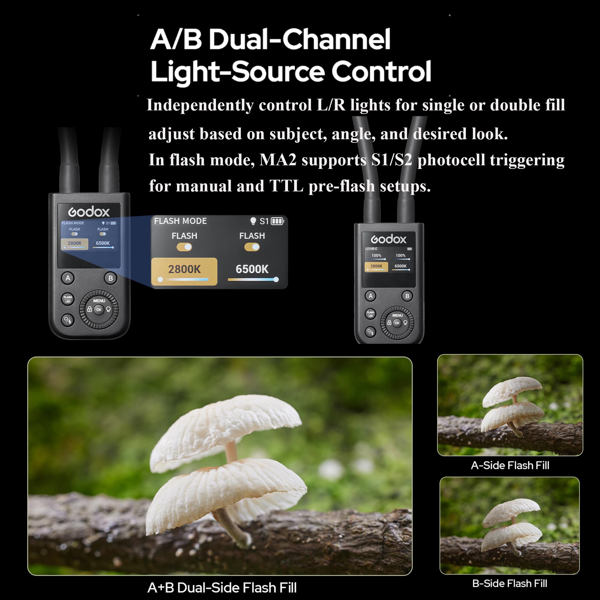 Godox MA2 Macro Twin Light CCT 2800K-6500K LED & Flash Fill Modalità S1/S2