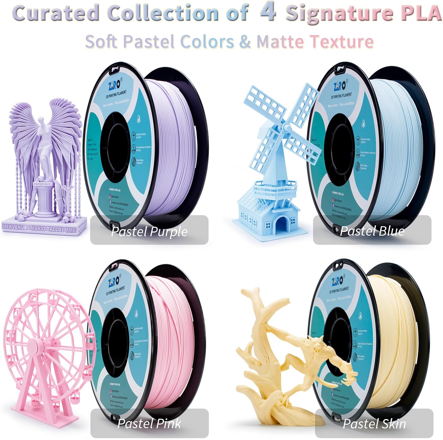 ZIRO 3D Printer Filament Bundle, Matte 1.75mm PLA Filament, Pastel Colors PLA Series 4 Pack, 3D Printing Material, Fit Most FDM Printers,1.75mm 2.2lbs x 4 Spool, Purple, Pink, Blue, Skin