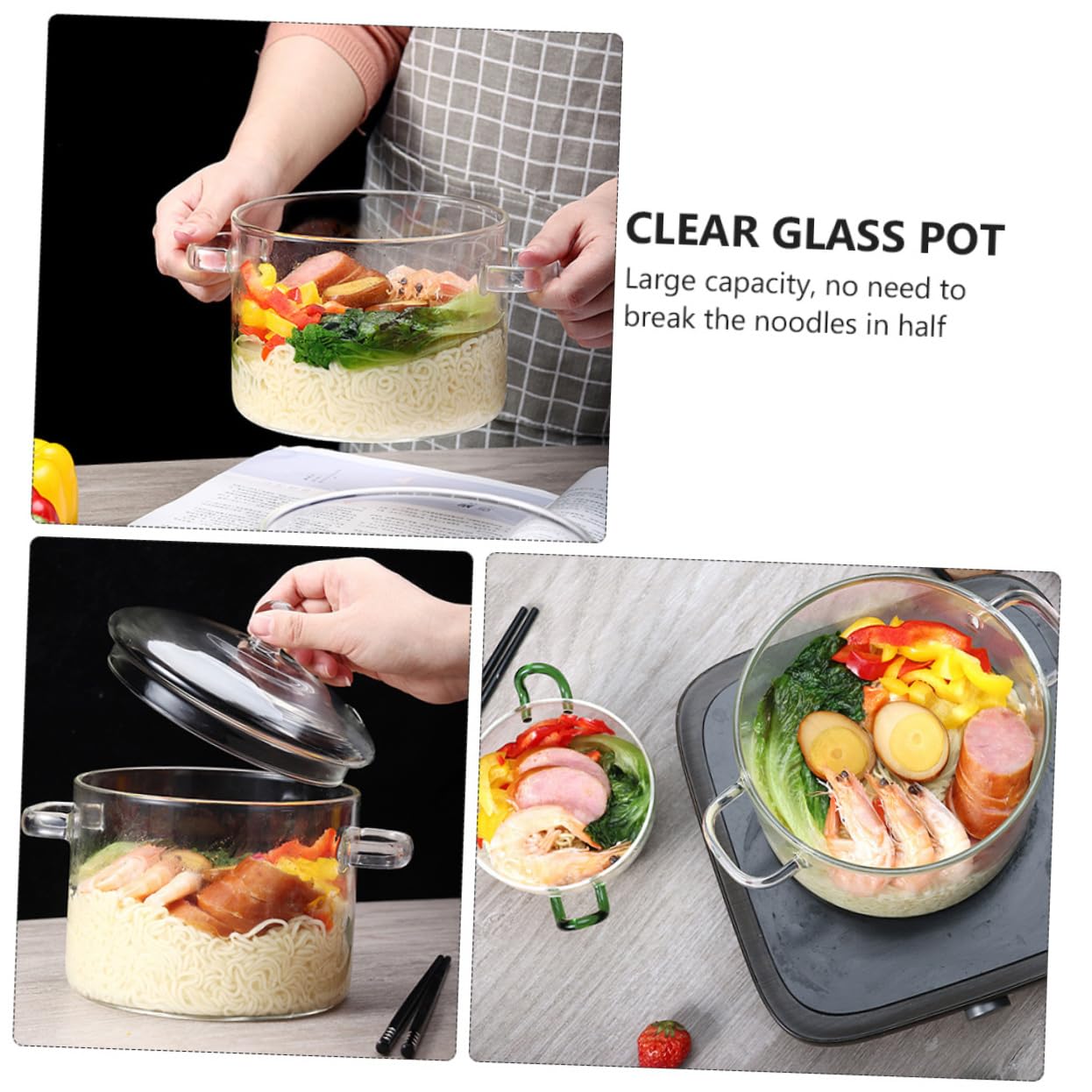 Bol De Vidrio Con Tapa Resistente Al Calor Para Sopa Ensalada Frutas y Fideos Apto Para Microondas y Fuego Directo Cocina Práctica y Saludable