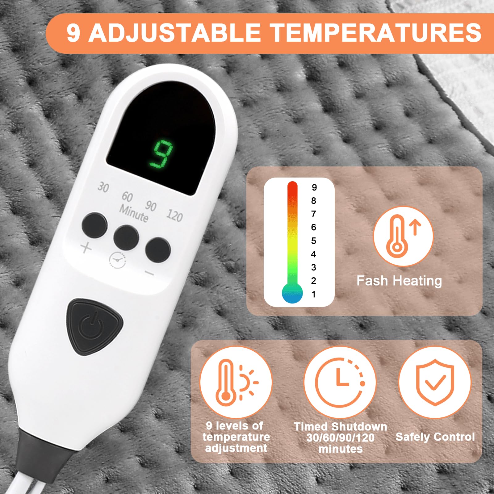 Dechoga Tappetino riscaldante in flanella a doppio strato, regolatore di temperatura a 9 passaggi e 4 timer, lavabile in macchina, morbido e pro-pelle, per collo, spalle (Grigio, 43x84cm)