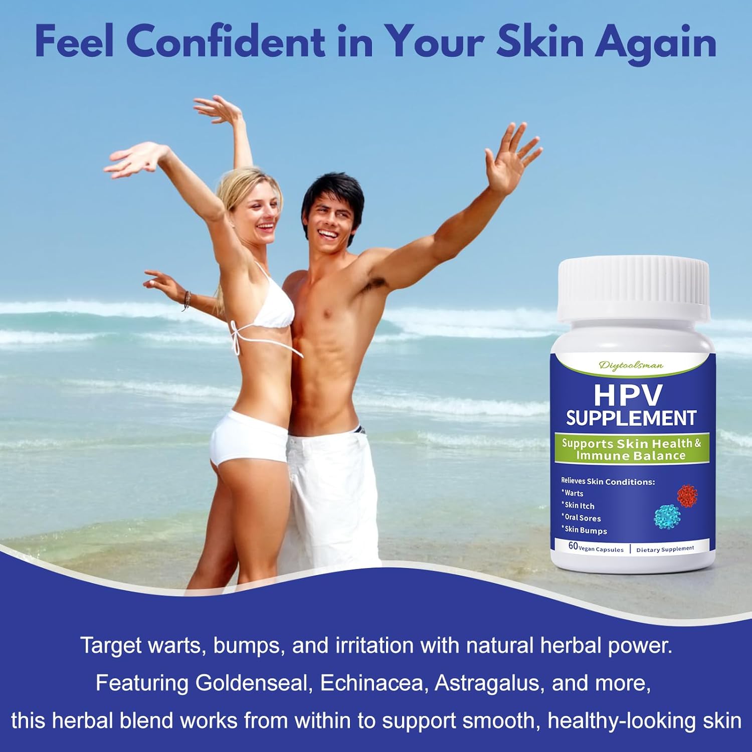 HPV Skin Support Supplement – Herbal Formula for Warts, Bumps, Canker Sores & Itchy Skin Remove– Supports Skin Health & Immune Balance – with Astragalus, Echinacea & Noni – 60 Vegan Capsules NDC