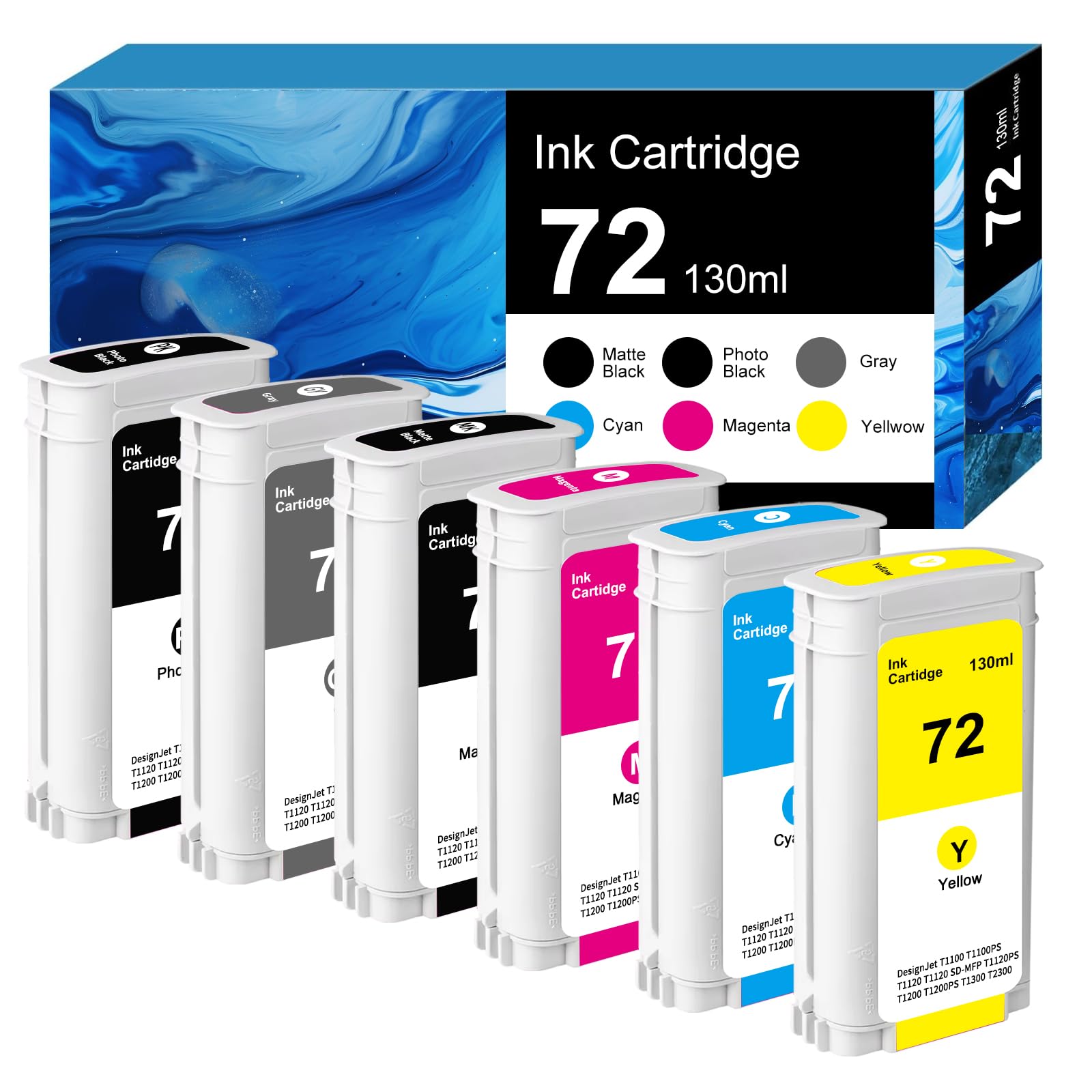 72 Druckerpatrone 130-ml für Tintenpatronen HP 72 C9403A C9374A Kompatibel mit HP Designjet T770 T790 T795 T610 T620 T1100 T1120 T1200 T1300 T2300(Mattschwarz, Fotoschwarz, Cyan, Magenta, Gelb, Grau)