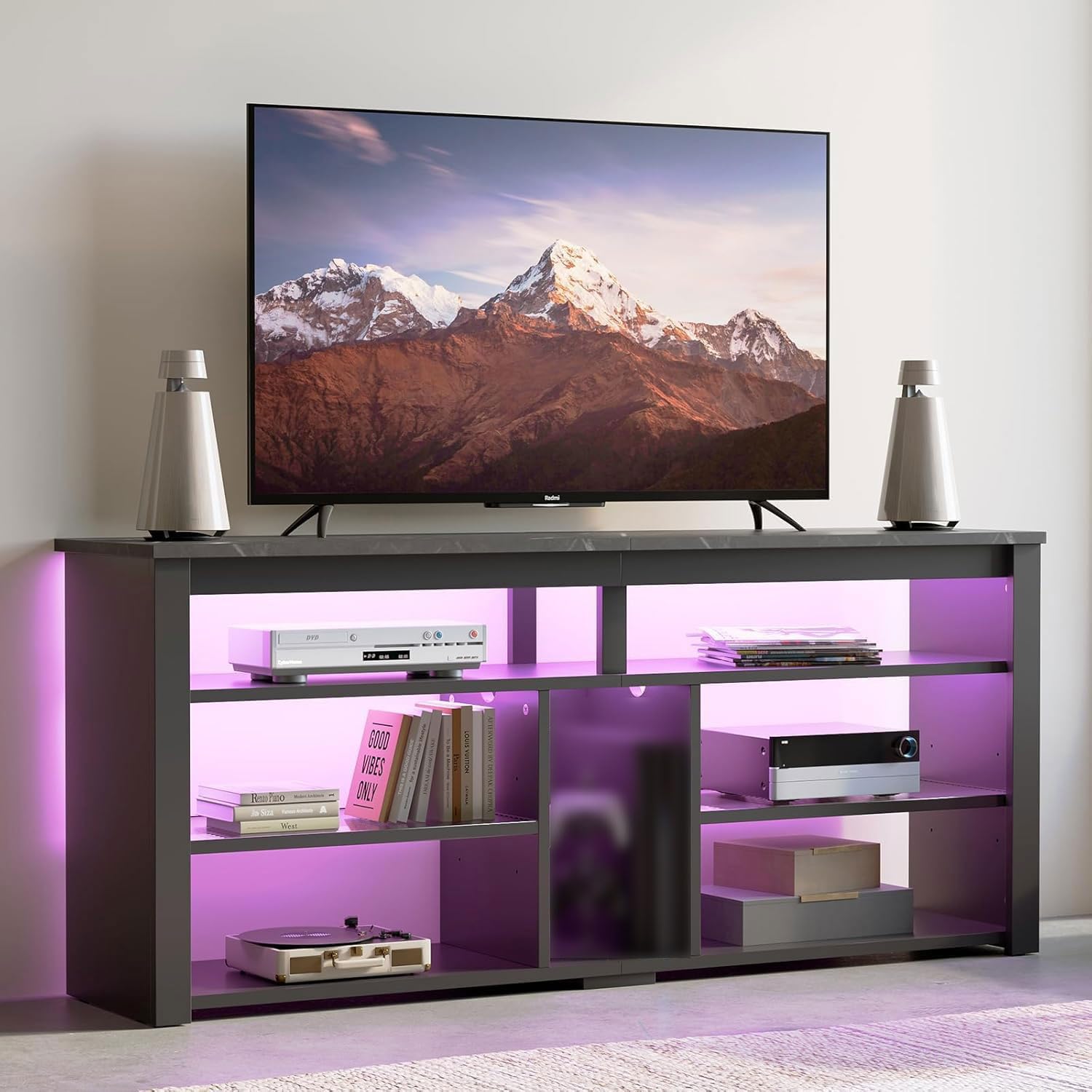 Bestier Mobile TV alto per TV da 65", mobile porta TV con contenitore PS5, console TV LED con ripiano regolabile per soggiorno, marmo nero