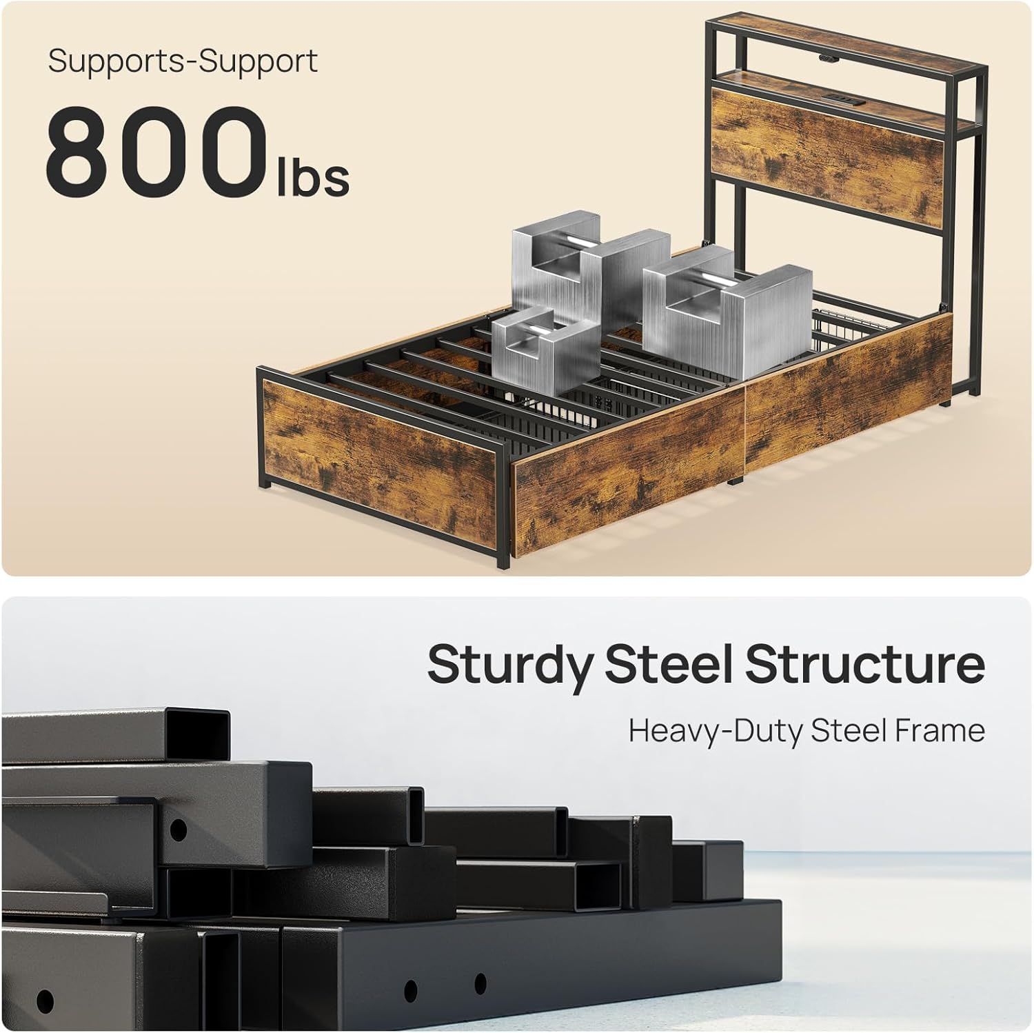 A bedroom scene with the Rolanstar bed frame, showing the LED lights in the headboard illuminated in various colors, with a remote control and phone displaying the app interface.