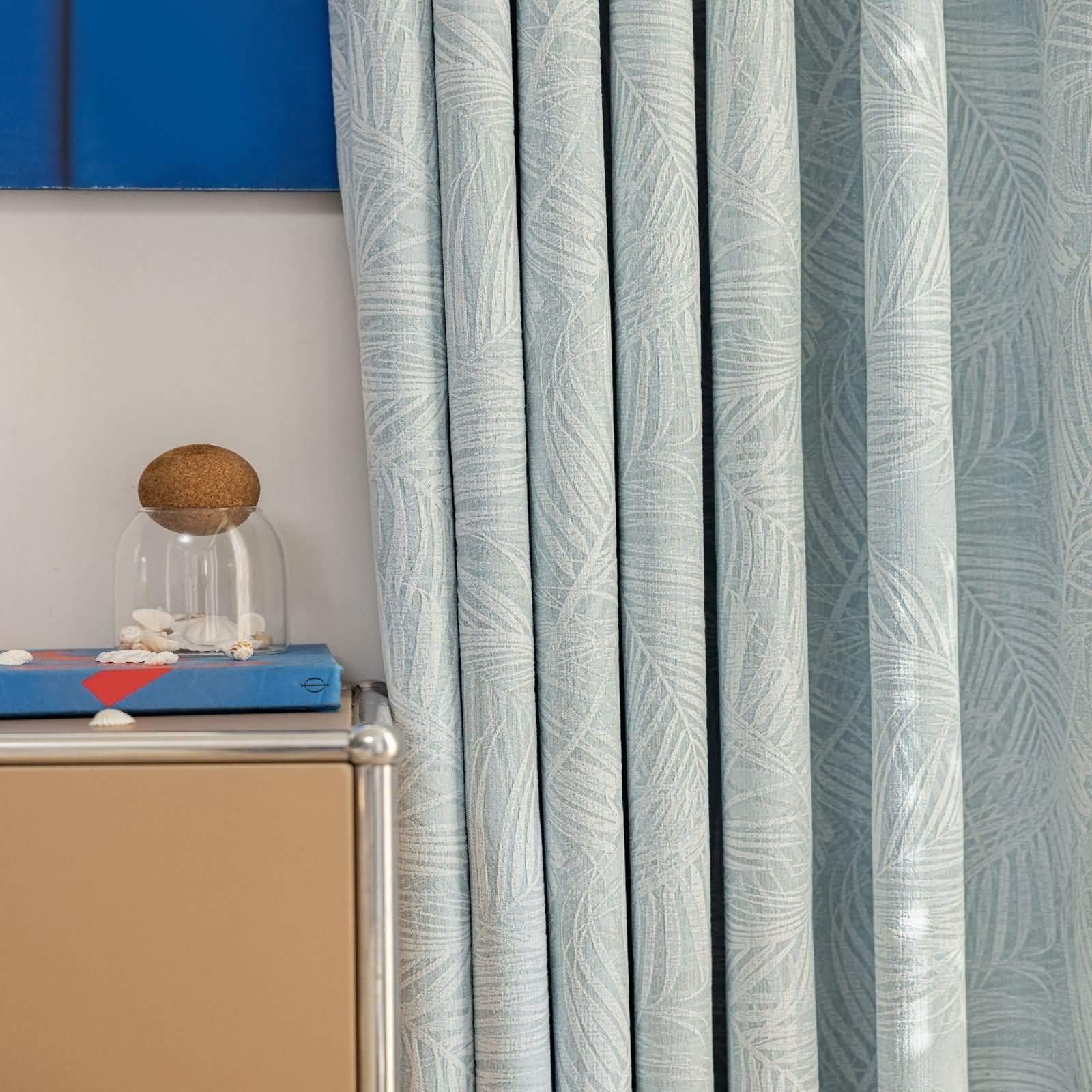 Rideaux ultra occultants bleu jacquard en chenille style chinois chic 96x160cm