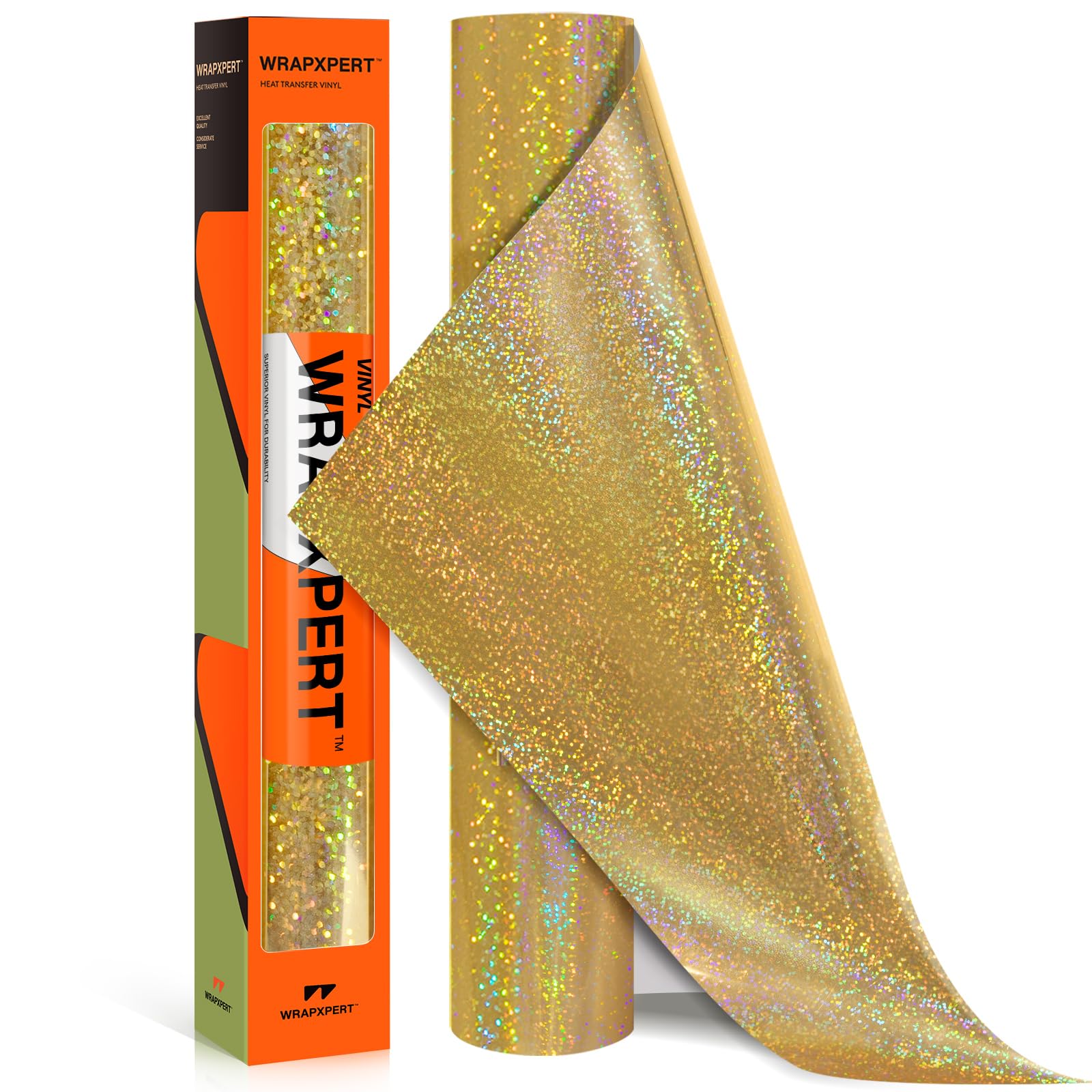 Holographic HTV Iron on Vinyl Gold Heat Transfer for T-Shirts, 12''x5ft Rolls Gold Vinyl for DIY Clothing,Stretchable & Washable