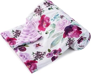 Bayceen Purple Floral Print Minky Baby Blanket for Girls, Double Layer Silky Soft Micro Fleece Baby Girl Blanket with Dotted Backing, Purple Floral, 30x40 Inches