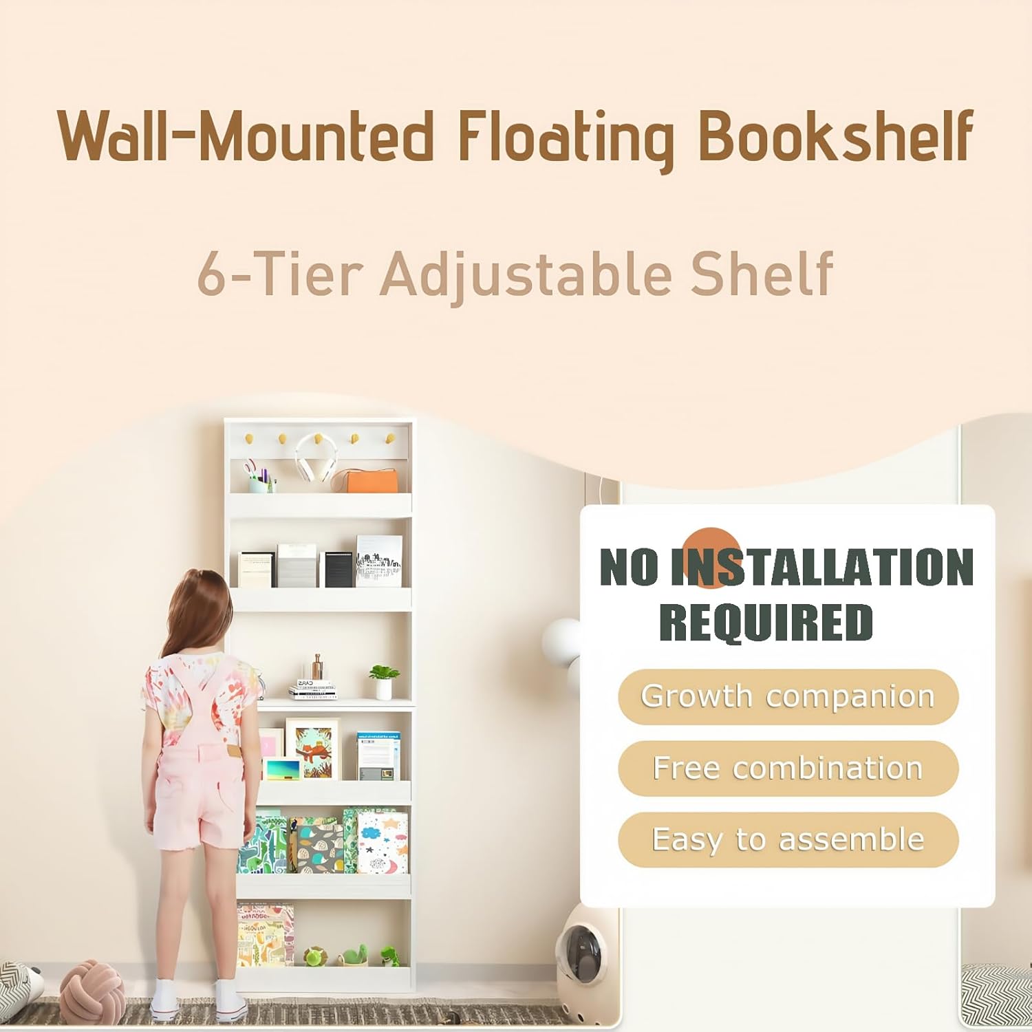 Behind The Door Bookshelf,6-Tier Wall-Mounted Shelf with Adjustable Height and Safety Rails Space-Saving Design for Nursery, Kids Room or Office – Easy No-Drill Installation
